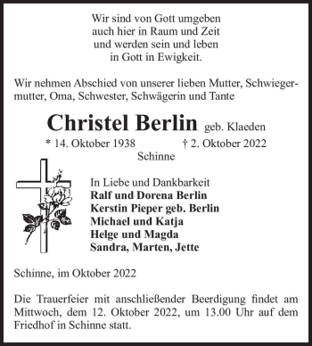 Traueranzeige von Christel Berlin (geb. Klaeden)  von Magdeburger Volksstimme
