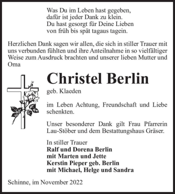 Traueranzeige von Christel Berlin (geb. Klaeden)  von Magdeburger Volksstimme
