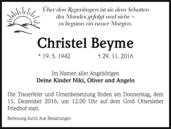 Traueranzeige von Christel Beyme  von Magdeburger Volksstimme