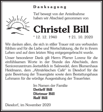Traueranzeige von Christel Bill  von Magdeburger Volksstimme