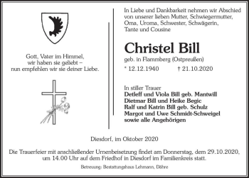 Traueranzeige von Christel Bill (geb. Flammberg)  von Magdeburger Volksstimme