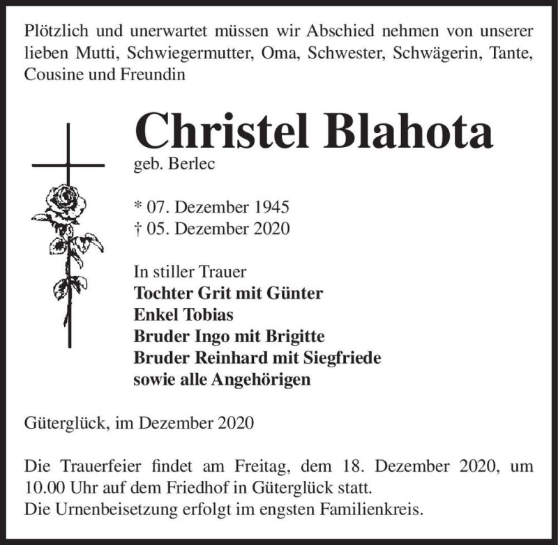  Traueranzeige für Christel Blahota (geb. Berlec)  vom 12.12.2020 aus Magdeburger Volksstimme