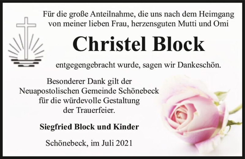  Traueranzeige für Christel Block  vom 24.07.2021 aus Magdeburger Volksstimme