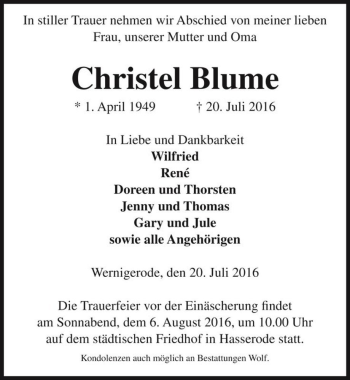 Traueranzeige von Christel Blume  von Magdeburger Volksstimme