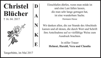 Traueranzeige von Christel Blücher  von Magdeburger Volksstimme