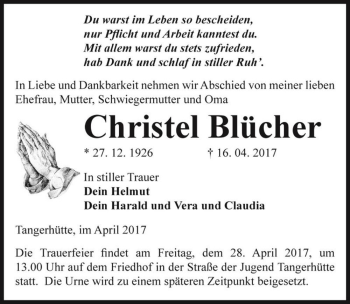 Traueranzeige von Christel Blücher  von Magdeburger Volksstimme