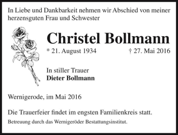 Traueranzeige von Christel Bollmann  von Magdeburger Volksstimme