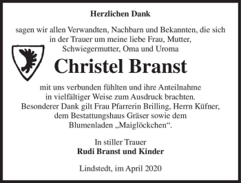 Traueranzeige von Christel Branst  von Magdeburger Volksstimme