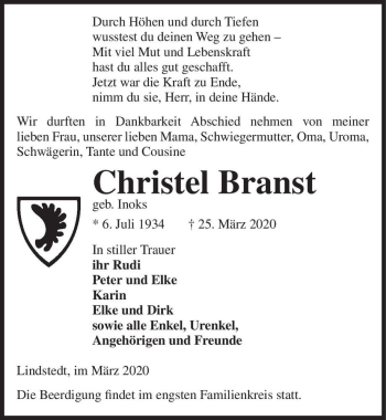 Traueranzeige von Christel Branst (geb. Inoks)  von Magdeburger Volksstimme