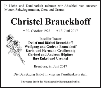 Traueranzeige von Christel Brauckhoff  von Magdeburger Volksstimme