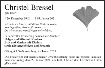 Traueranzeige von Christel Bressel (geb. Ebert)  von Magdeburger Volksstimme