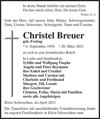 Traueranzeige von Christel Breuer (geb. Freitag)  von Magdeburger Volksstimme