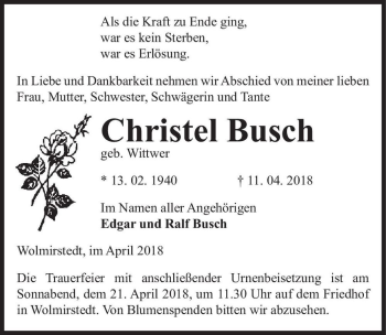 Traueranzeige von Christel Busch (geb. Wittwer)  von Magdeburger Volksstimme