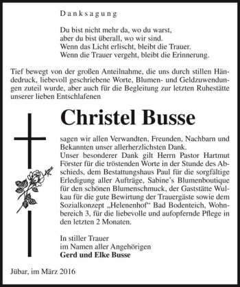 Traueranzeige von Christel Busse  von Magdeburger Volksstimme
