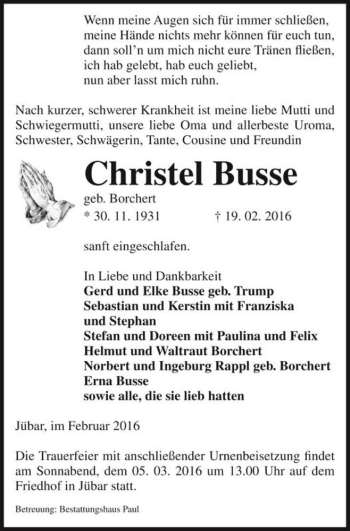 Traueranzeige von Christel Busse (geb. Borchert)  von Magdeburger Volksstimme