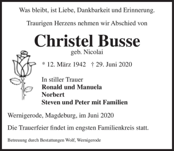 Traueranzeige von Christel Busse (geb. Nicolai)  von Magdeburger Volksstimme