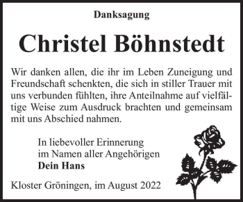 Traueranzeige von Christel Böhnstedt  von Magdeburger Volksstimme