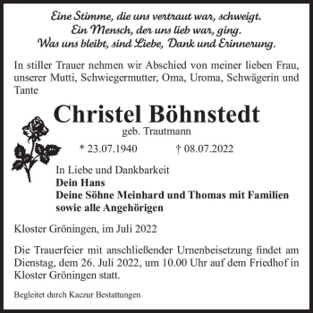 Traueranzeige von Christel Böhnstedt (geb. Trautmann)  von Magdeburger Volksstimme
