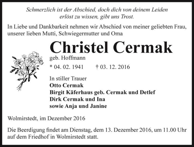  Traueranzeige für Christel Cermak (geb. Hoffmann)  vom 07.12.2016 aus Magdeburger Volksstimme