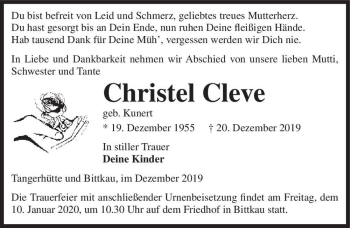 Traueranzeige von Christel Cleve (geb. Kunert)  von Magdeburger Volksstimme