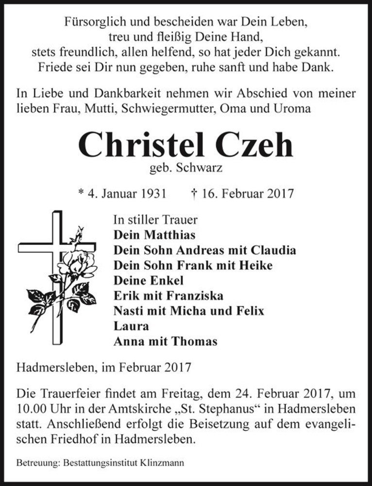  Traueranzeige für Christel Czeh (geb. Schwarz)  vom 22.02.2017 aus Magdeburger Volksstimme