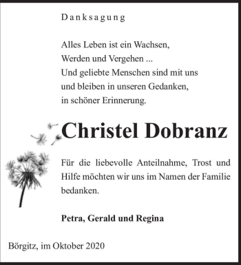 Traueranzeige von Christel Dobranz  von Magdeburger Volksstimme