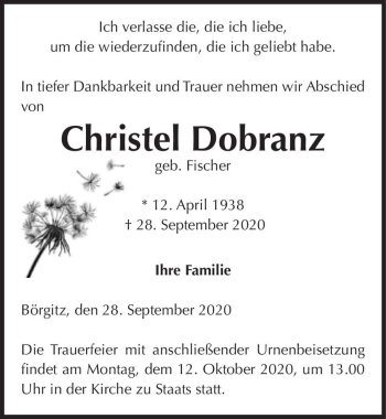 Traueranzeige von Christel Dobranz (geb. Fischer)  von Magdeburger Volksstimme