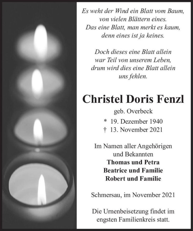  Traueranzeige für Christel Doris Fenzl (geb. Overbeck)  vom 17.11.2021 aus Magdeburger Volksstimme