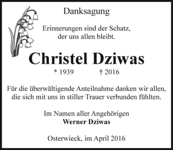 Traueranzeige von Christel Dziwas  von Magdeburger Volksstimme