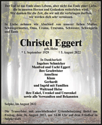 Traueranzeige von Christel Eggert (geb. Heise)  von Magdeburger Volksstimme