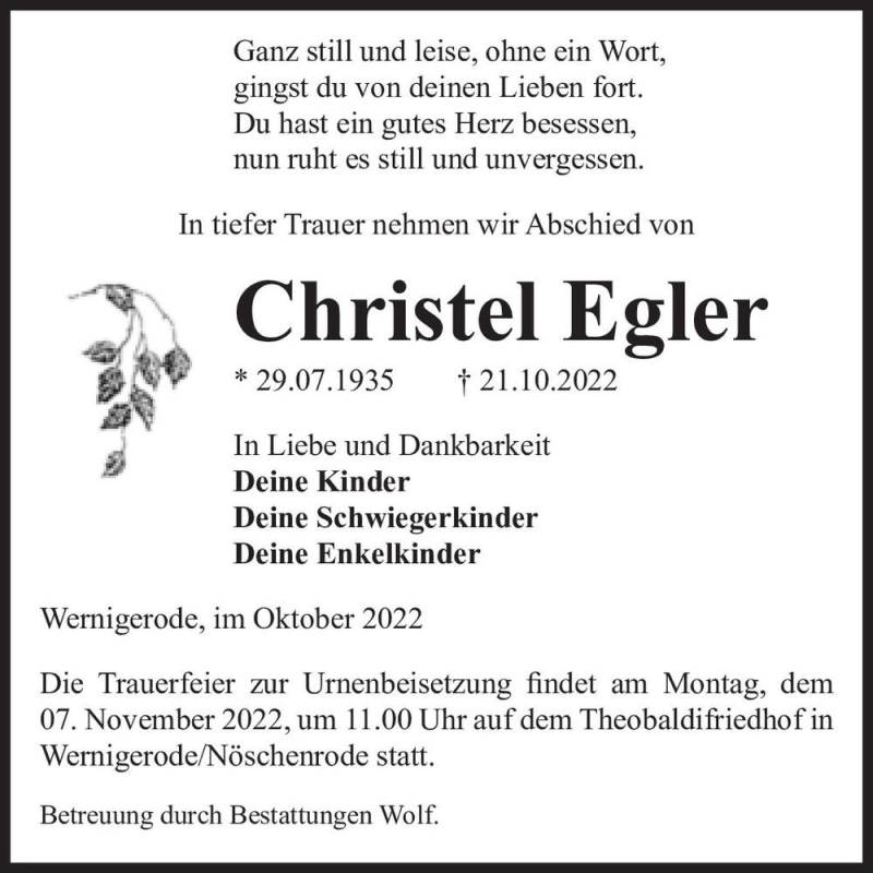 Traueranzeige für Christel Egler  vom 29.10.2022 aus Magdeburger Volksstimme