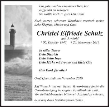 Traueranzeige von Christel Elfriede Schulz (geb. Arnhold)  von Magdeburger Volksstimme