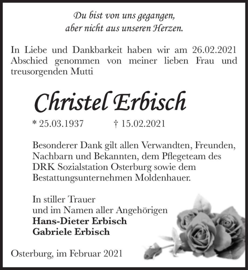  Traueranzeige für Christel Erbisch  vom 05.03.2021 aus Magdeburger Volksstimme