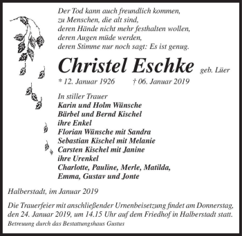 Traueranzeige von Christel Eschke (geb. Lüer)  von Magdeburger Volksstimme