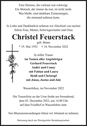 Traueranzeige von Christel Feuerstack (geb. Bruns)  von Magdeburger Volksstimme