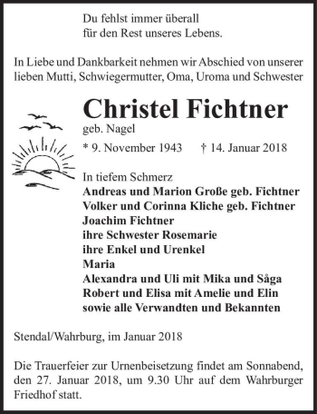 Traueranzeige von Christel Fichtner (geb. Nagel)  von Magdeburger Volksstimme
