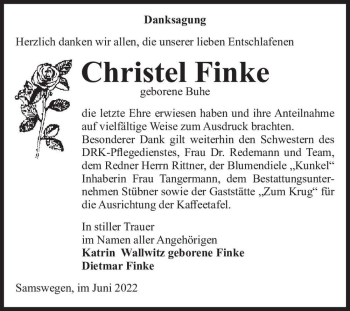 Traueranzeige von Christel Finke (geb. Buhe)  von Magdeburger Volksstimme