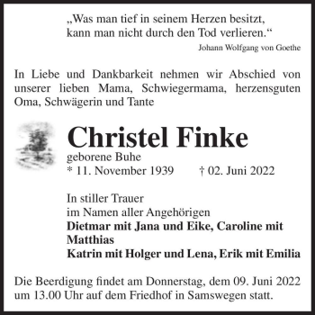 Traueranzeige von Christel Finke (geb. Buhe)  von Magdeburger Volksstimme
