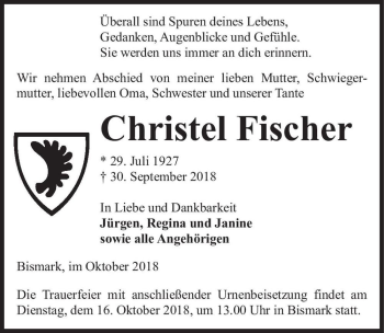 Traueranzeige von Christel Fischer  von Magdeburger Volksstimme