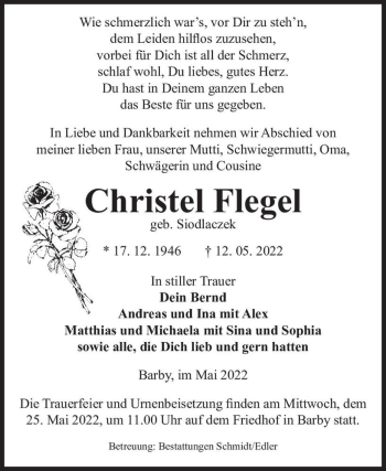 Traueranzeige von Christel Flegel (geb. Siodlaczek)  von Magdeburger Volksstimme