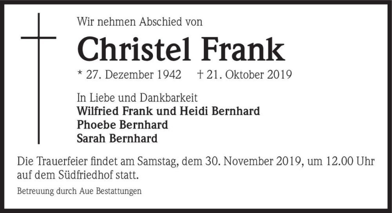 Traueranzeige für Christel Frank  vom 16.11.2019 aus Magdeburger Volksstimme