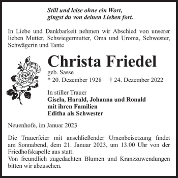 Traueranzeige von Christel Friedel (geb. Sasse)  von Magdeburger Volksstimme