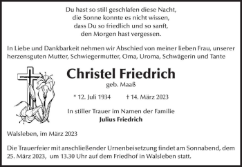 Traueranzeige von Christel Friedrich (geb. Maaß)  von Magdeburger Volksstimme