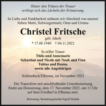 Traueranzeige von Christel Fritsche (geb. Jakob)  von Magdeburger Volksstimme