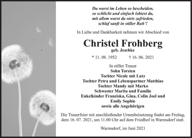  Traueranzeige für Christel Frohberg (geb. Jeschke)  vom 26.06.2021 aus Magdeburger Volksstimme