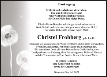 Traueranzeige von Christel Frohberg (geb. Jeschke)  von Magdeburger Volksstimme
