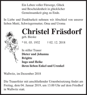 Traueranzeige von Christel Fräsdorf (geb. Bieske)  von Magdeburger Volksstimme