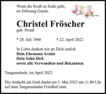 Traueranzeige von Christel Fröscher (geb. Preuß)  von Magdeburger Volksstimme