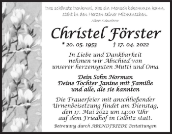 Traueranzeige von Christel Förster  von Magdeburger Volksstimme