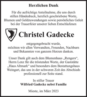 Traueranzeige von Christel Gadecke  von Magdeburger Volksstimme